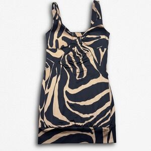 Zebra Print Ruched Bust Bubble Hem Mini Dress Black Tan Sleeveless Tank S